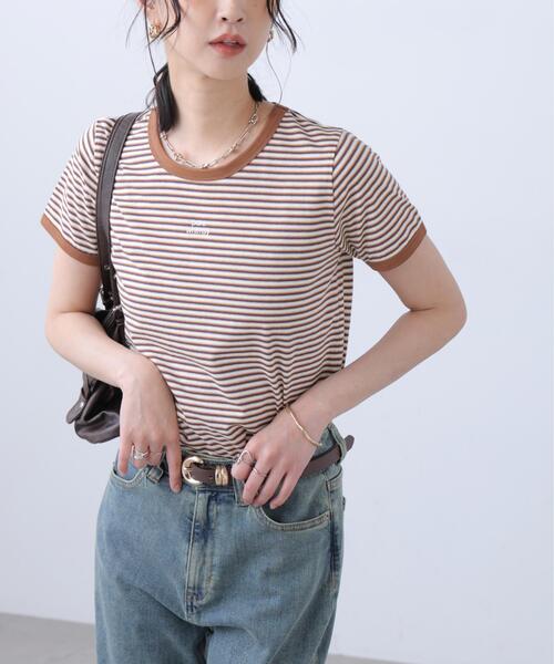 FREE'S MART(フリーズマート)の「ロゴ刺繍リンガーTシャツ(Tシャツ/カットソー・レディース・ホワイト/ライトグリーン/ブラウン系その他/ワンウォッシュ・FREE)」の3枚目の写真