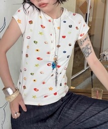 【LAMPOON】フルーツマルチプリントヘンリーネックTシャツ