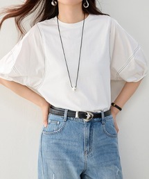 配色ライン ラウンドネック 七分袖Tシャツ