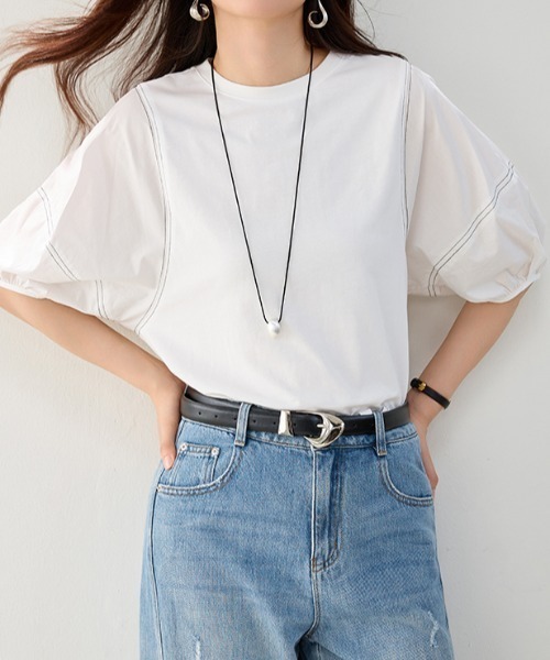 AMAJI(アマジ)の「配色ライン ラウンドネック 七分袖Tシャツ(Tシャツ/カットソー・レディース・ホワイト・SMALL/MEDIUM/LARGE/X-LARGE)」の1枚目の写真