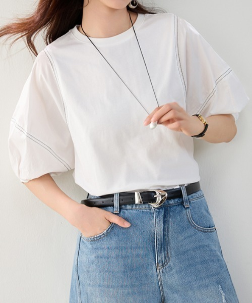 AMAJI(アマジ)の「配色ライン ラウンドネック 七分袖Tシャツ(Tシャツ/カットソー・レディース・ホワイト・SMALL/MEDIUM/LARGE/X-LARGE)」の2枚目の写真