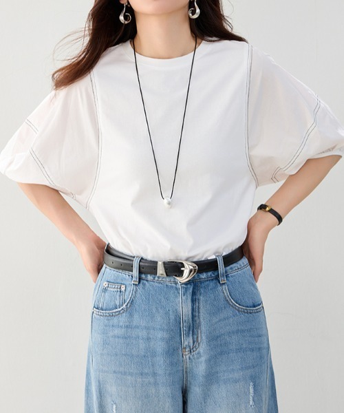 AMAJI(アマジ)の「配色ライン ラウンドネック 七分袖Tシャツ(Tシャツ/カットソー・レディース・ホワイト・SMALL/MEDIUM/LARGE/X-LARGE)」の3枚目の写真