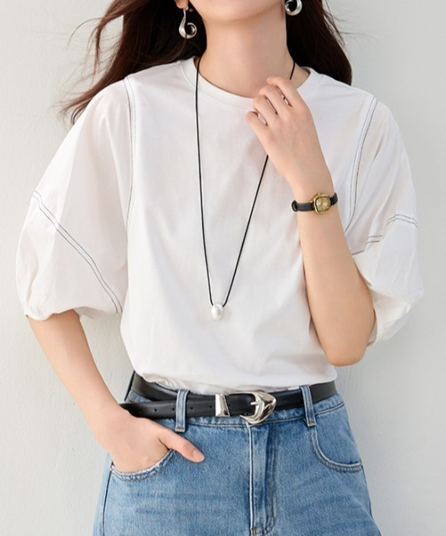 AMAJI(アマジ)の「配色ライン ラウンドネック 七分袖Tシャツ(Tシャツ/カットソー・レディース・ホワイト・SMALL/MEDIUM/LARGE/X-LARGE)」の4枚目の写真