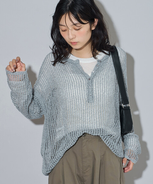 FREAK'S STORE（フリークスストア）の「メッシュ ヘンリー サマーニット/シアーニット（ニット/セーター・レディース・グレー/ベージュ/ブラック・ﾌﾘ-）」の3枚目の写真