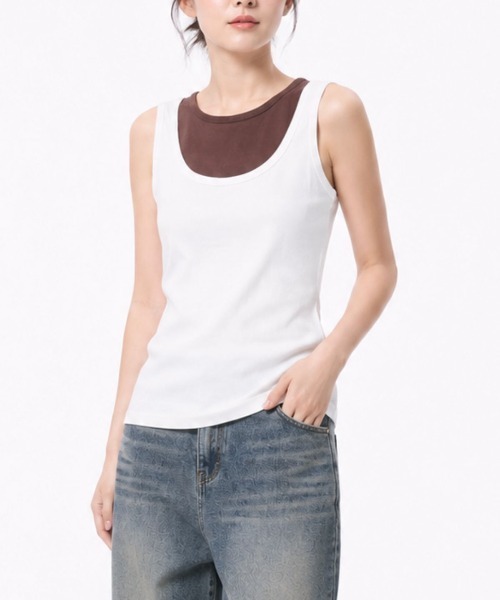 Human 2nd Occasion(ヒューマンセカンドオケージョン)の「カップ付き レイヤード風Uネック タンクトップ(タンクトップ・レディース・グレー/オフホワイト・M)」の14枚目の写真