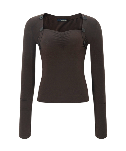 PLEASENOFOLLOW(プリーズノーフォロー)の「Valerie Shirring Button Long Sleeve Top (Brown)(Tシャツ/カットソー・レディース・その他・FREE)」の2枚目の写真