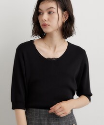 【毛玉になりにくい/UV/秋カラー】すっきりVネック 6分袖ニット