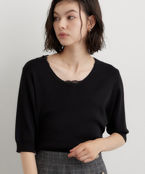 THE SHOP TK (ザ ショップ ティーケー )の「【毛玉になりにくい/UV/秋カラー】すっきりVネック 6分袖ニット(ニット/セーター・レディース・パープル系/ブラック/ライトグレー/グリーン・12/13)」の2枚目の写真