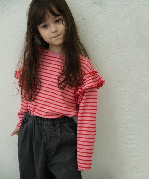 pairmanon(ペアマノン)の「【90-150cm】 ワッフル 袖フリルボーダーロンT(Tシャツ/カットソー・キッズ・ブラウン/ピンク/ミント/アイボリー/グリーン/ブラック・100/130/120/110/90/150/140)」の6枚目の写真