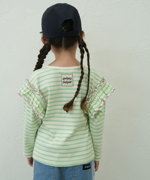 pairmanon(ペアマノン)の「【90-150cm】 ワッフル 袖フリルボーダーロンT(Tシャツ/カットソー・キッズ・ブラウン/ピンク/ミント/アイボリー/グリーン/ブラック・100/130/120/110/90/150/140)」の4枚目の写真