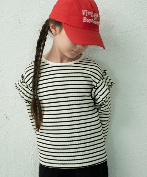 pairmanon(ペアマノン)の「【90-150cm】 ワッフル 袖フリルボーダーロンT(Tシャツ/カットソー・キッズ・ブラウン/ピンク/ミント/アイボリー/グリーン/ブラック・100/130/120/110/90/150/140)」の2枚目の写真