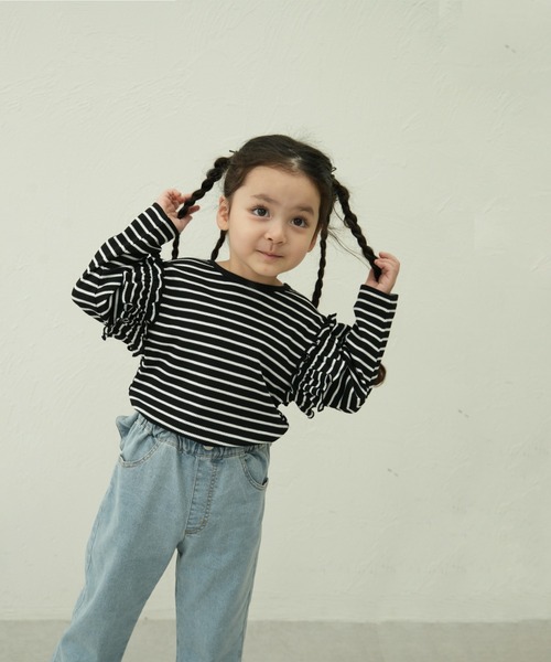 pairmanon(ペアマノン)の「【90-150cm】 ワッフル 袖フリルボーダーロンT(Tシャツ/カットソー・キッズ・ブラウン/ピンク/ミント/アイボリー/グリーン/ブラック・100/130/120/110/90/150/140)」の11枚目の写真