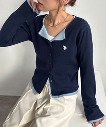 【U.S. POLO ASSN./ユーエスポロアッスン】別注 ロゴ刺繍 コントラストカラー レイヤード ニット カーディガン