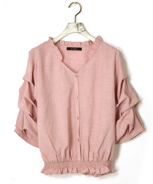 w closet(ダブルクローゼット)の「Vネック袖タックブラウス(シャツ/ブラウス・レディース・ベージュ/ネイビー/ピンク・FREE)」の6枚目の写真