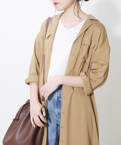 reca(レカ)の「ウエストリボン大人カジュアルシャツワンピース(ワンピース・レディース・ベージュ/ネイビー/カーキ・M/L)」の1枚目の写真