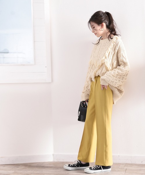 セール】美シルエット。リネンライクセンタープレスパンツ（スラックス