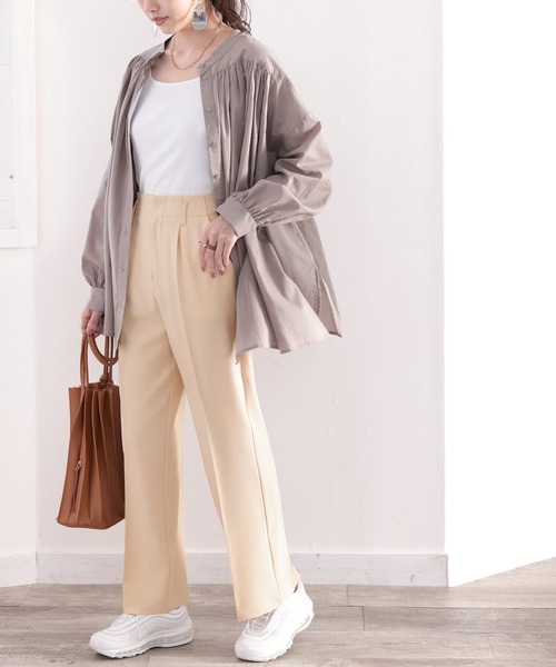 セール】美シルエット。リネンライクセンタープレスパンツ（スラックス