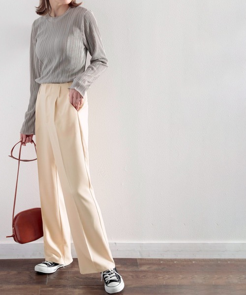 セール】美シルエット。リネンライクセンタープレスパンツ（スラックス