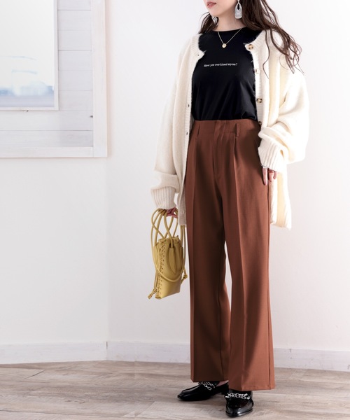セール】美シルエット。リネンライクセンタープレスパンツ（スラックス