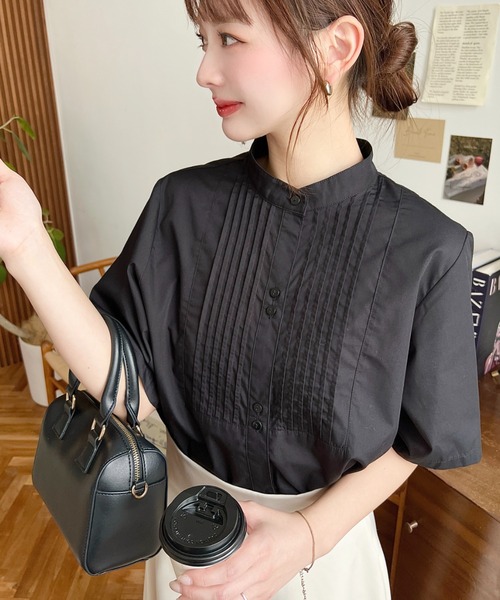 セール】T/Cブロード バンドカラー半袖ピンタックシャツ（シャツ