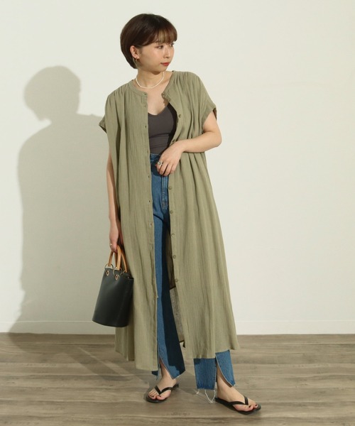 Factor=（ファクターイコール）の「クレープボリュームシャツロングワンピース（シャツワンピース・レディース・ミント/ブラック・FREE）」の8枚目の写真