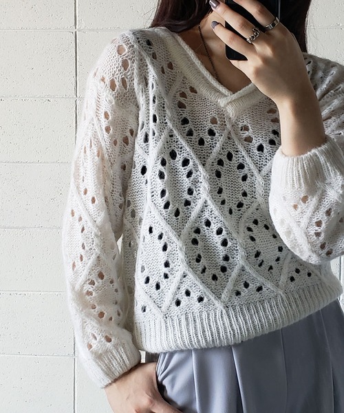 me+em select（ミームセレクト）の「モヘアタッチアラン模様透かし編み