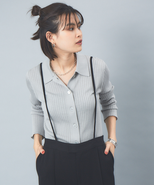 Rouge vif（ルージュヴィフ）の「【アンサンブル対応】ワイドリブポロニットカーディガン（カーディガン/ボレロ・レディース・ホワイト/サックスブルー/ダークブラウン/ブラック・フリー）」の4枚目の写真