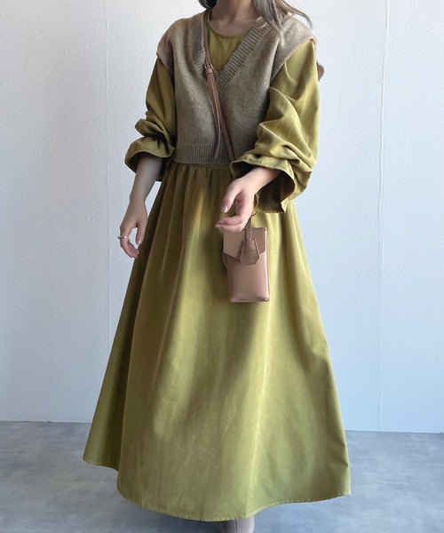 w closet（ダブルクローゼット）の「ギャザーワンピース+7GニットベストSET（ワンピース・レディース・アイボリー/オリーブ/ブラウン/ブラック/ブラック系その他・FREE）」の12枚目の写真