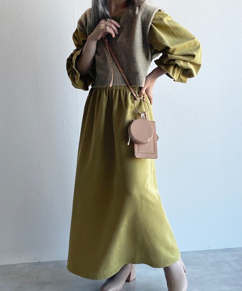 w closet（ダブルクローゼット）の「ギャザーワンピース+7GニットベストSET（ワンピース・レディース・アイボリー/オリーブ/ブラウン/ブラック/ブラック系その他・FREE）」の13枚目の写真