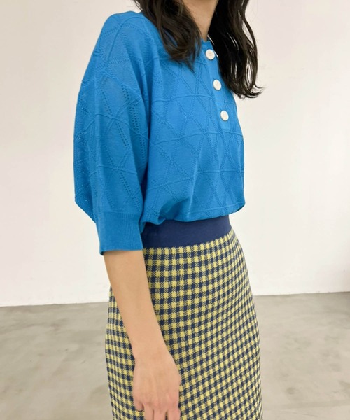 Birthday room（バースデイルーム）の「ダイヤ柄ポロニットトップス（ニット/セーター・レディース・グリーン/ブルー/オレンジ/ピンク・FREE）」の5枚目の写真