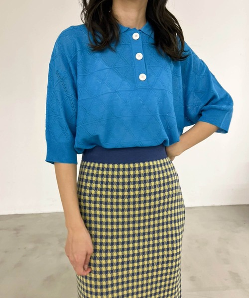 Birthday room（バースデイルーム）の「ダイヤ柄ポロニットトップス（ニット/セーター・レディース・グリーン/ブルー/オレンジ/ピンク・FREE）」の6枚目の写真