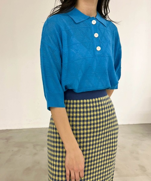 Birthday room（バースデイルーム）の「ダイヤ柄ポロニットトップス（ニット/セーター・レディース・グリーン/ブルー/オレンジ/ピンク・FREE）」の9枚目の写真