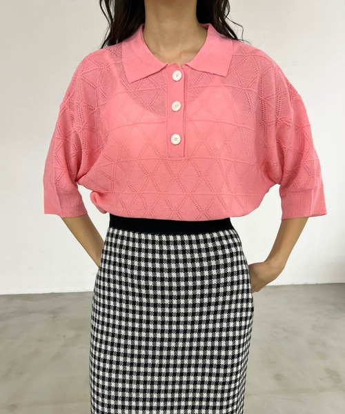 Birthday room（バースデイルーム）の「ダイヤ柄ポロニットトップス（ニット/セーター・レディース・グリーン/ブルー/オレンジ/ピンク・FREE）」の19枚目の写真