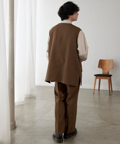 ナチュラルシャンブレーファブリック オーバーダブルノーカラー