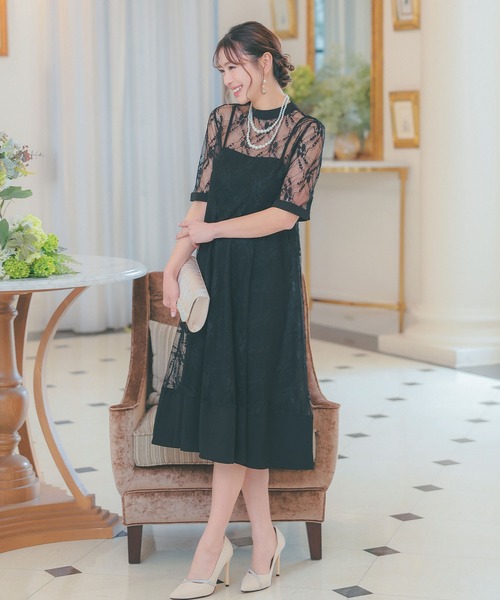 パーティードレス 二次会 Aライン 2連パールネックレス付き ミモレ丈