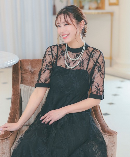 パーティードレス Aライン 2連パールネックレス付き ミモレ丈 レース