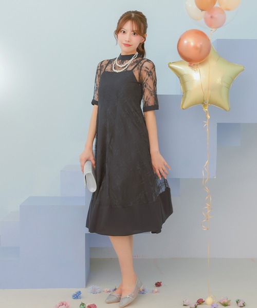 Retica(レティカ)の「パーティードレス 秋 二次会 Aライン 2連パールネックレス付き ミモレ丈 レースレイヤード フレアワンピース ロングドレス キャミワンピ 低身長 20代 30代 大きいサイズ お呼ばれ 結婚式 同窓会 ドレス(ドレス・レディース・パープル/ネイビー/ブルーグリーン/ブラック/ピンク/ベージュ・XXL/XL/L/M/S)」の17枚目の写真