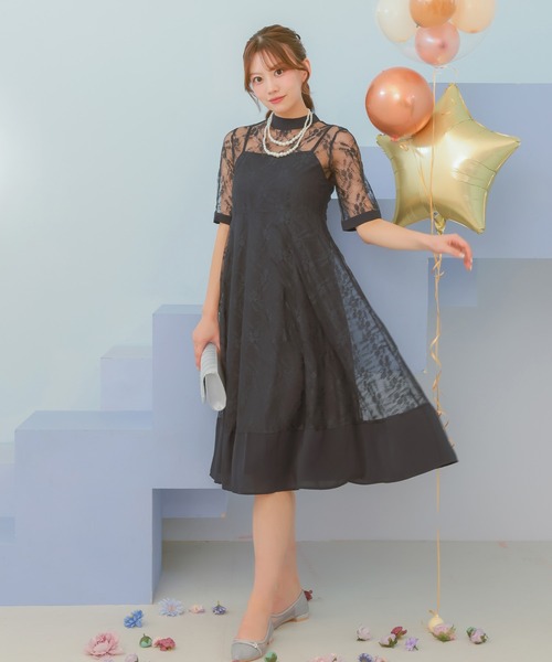 パーティードレス 二次会 Aライン 2連パールネックレス付き ミモレ丈