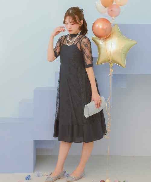 セール】パーティードレス Aライン 2連パールネックレス付き ミモレ丈