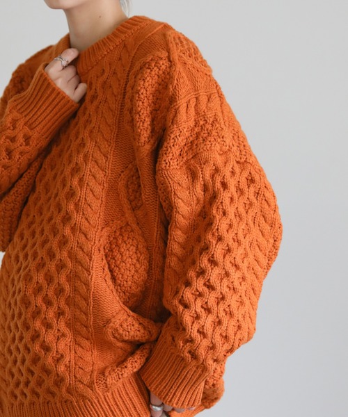 select MOCA（セレクトモカ）の「フィッシャーマンルーズニット（ニット/セーター・レディース・オレンジ/アイボリー/ライトカーキ・FREE）」の9枚目の写真