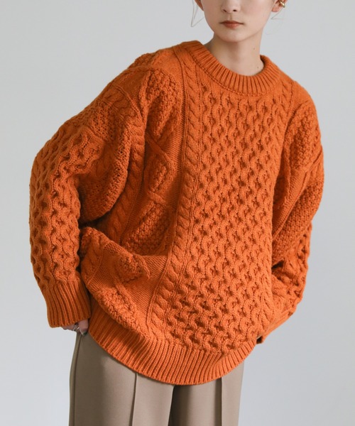 select MOCA（セレクトモカ）の「フィッシャーマンルーズニット（ニット/セーター・レディース・オレンジ/アイボリー/ライトカーキ・FREE）」の13枚目の写真