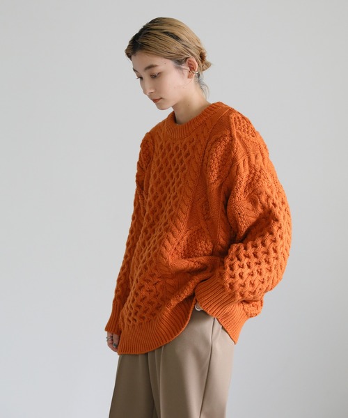 select MOCA（セレクトモカ）の「フィッシャーマンルーズニット（ニット/セーター・レディース・オレンジ/アイボリー/ライトカーキ・FREE）」の14枚目の写真