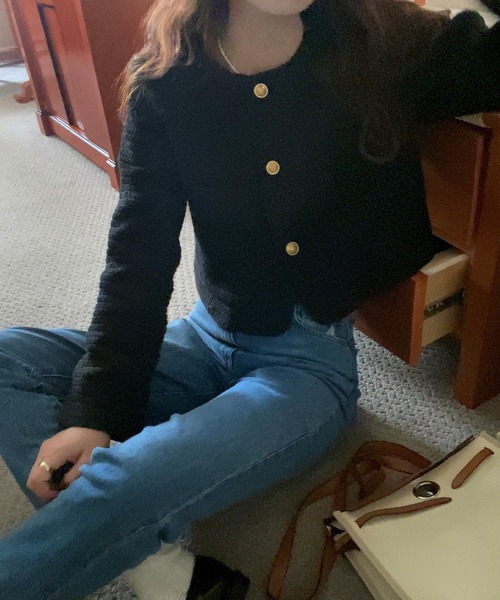 LAUIR（ラウアー）の「金ボタンツイードジャケット（ノーカラージャケット・レディース・ブラック/アイボリー/ダークブラウン/モカ/ベージュ・MEDIUM/LARGE/SMALL）」の9枚目の写真