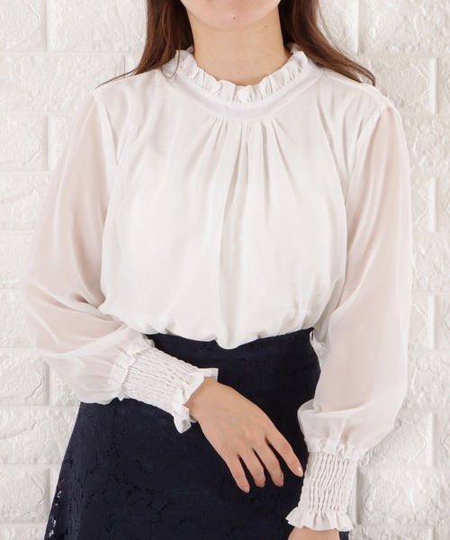 Lace Ladies（レースレディース）の「フリルネックシフォンブラウス（シャツ/ブラウス・レディース・ブラック/ホワイト/ベージュ/グレー/ネイビー・S/M/XL/L）」の2枚目の写真