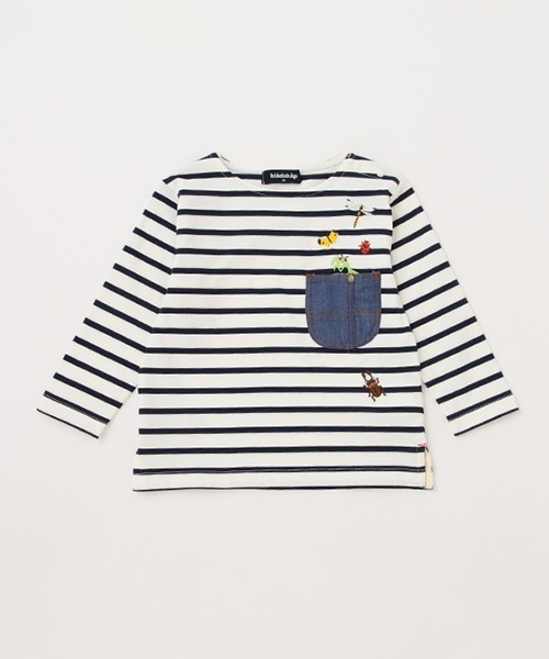 kladskap(クレードスコープ)の「昆虫刺しゅうボーダー長袖Tシャツ(Tシャツ/カットソー・キッズ・ライトグリーン/オフホワイト・80cm/90cm/110cm/100cm/120cm/130cm)」の1枚目の写真
