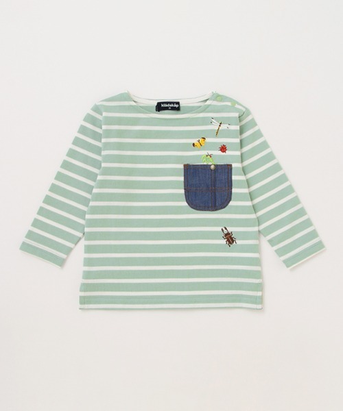 kladskap(クレードスコープ)の「昆虫刺しゅうボーダー長袖Tシャツ(Tシャツ/カットソー・キッズ・ライトグリーン/オフホワイト・80cm/90cm/110cm/100cm/120cm/130cm)」の2枚目の写真