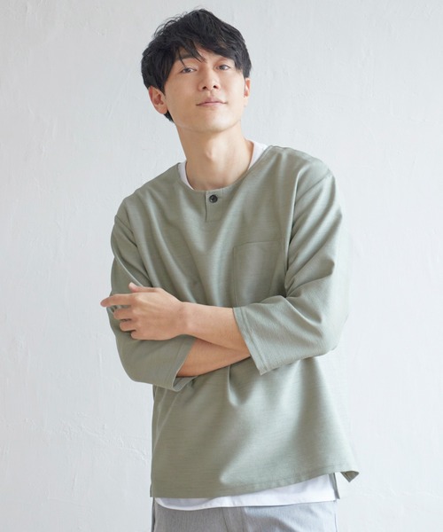 ikka（イッカ）の「【吸水速乾】7分袖イージーケアシャツTインナーセット（シャツ/ブラウス・メンズ・ベージュ/ネイビー/オリーブ/スモークグレー・S/M/L/XL）」の3枚目の写真