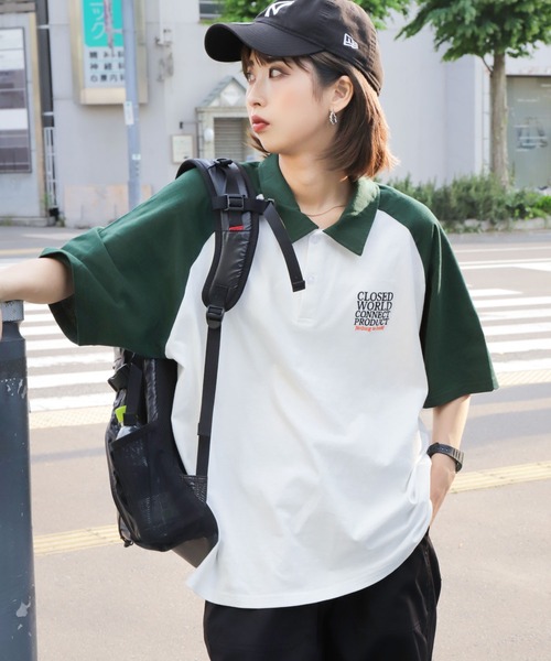 ZIP FIVE（ジップファイブ）の「【ZIP FIVE】オーバーサイズラグラン半袖ポロTシャツ/胸ロゴ刺繍/ラグラン袖（ポロシャツ・メンズ・ブラック/ホワイト×ブラック/ホワイト×グリーン/チャコールグレー×ブラック/グリーン/ホワイト・X-LARGE/MEDIUM/LARGE）」の2枚目の写真