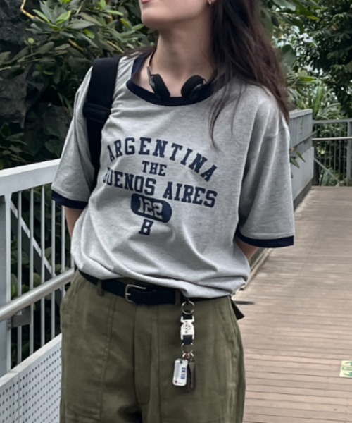 BROKEN BASE(ブロークンベース)の「ロゴプリントリンガーT(Tシャツ/カットソー・メンズ・オフホワイト/杢グレー・MEDIUM/LARGE)」の1枚目の写真