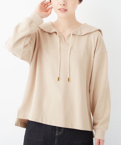 Viola e Viola(ヴィオラエヴィオラ)の「裏毛スキッパーセーラー衿プルオーバー(Tシャツ/カットソー・レディース・グリーン/ブラウン/ライトベージュ/ブラック・M/LL/L/3L)」の4枚目の写真